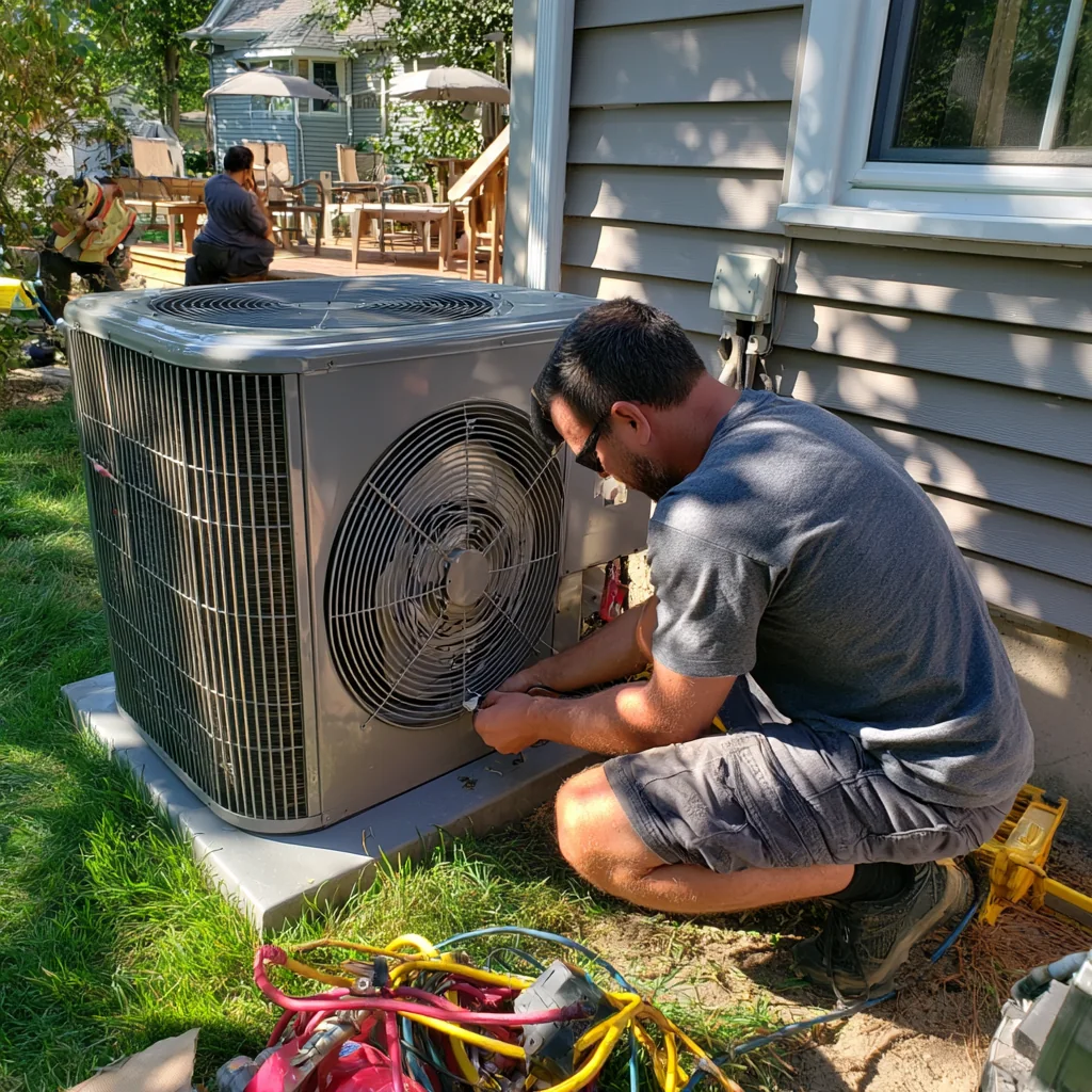 Technician performing maintenance on a residential air-conditioning condenser