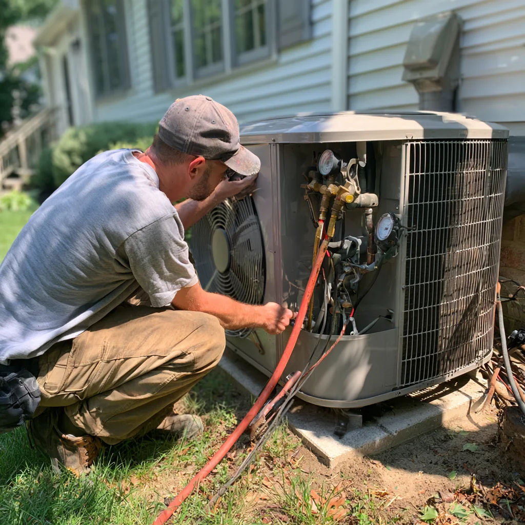 HVAC technician connecting service gauges to a residential air conditioner