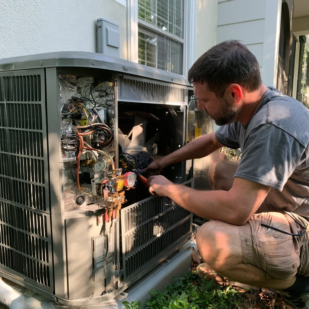Technician diagnosing wiring and mechanical components inside an HVAC unit